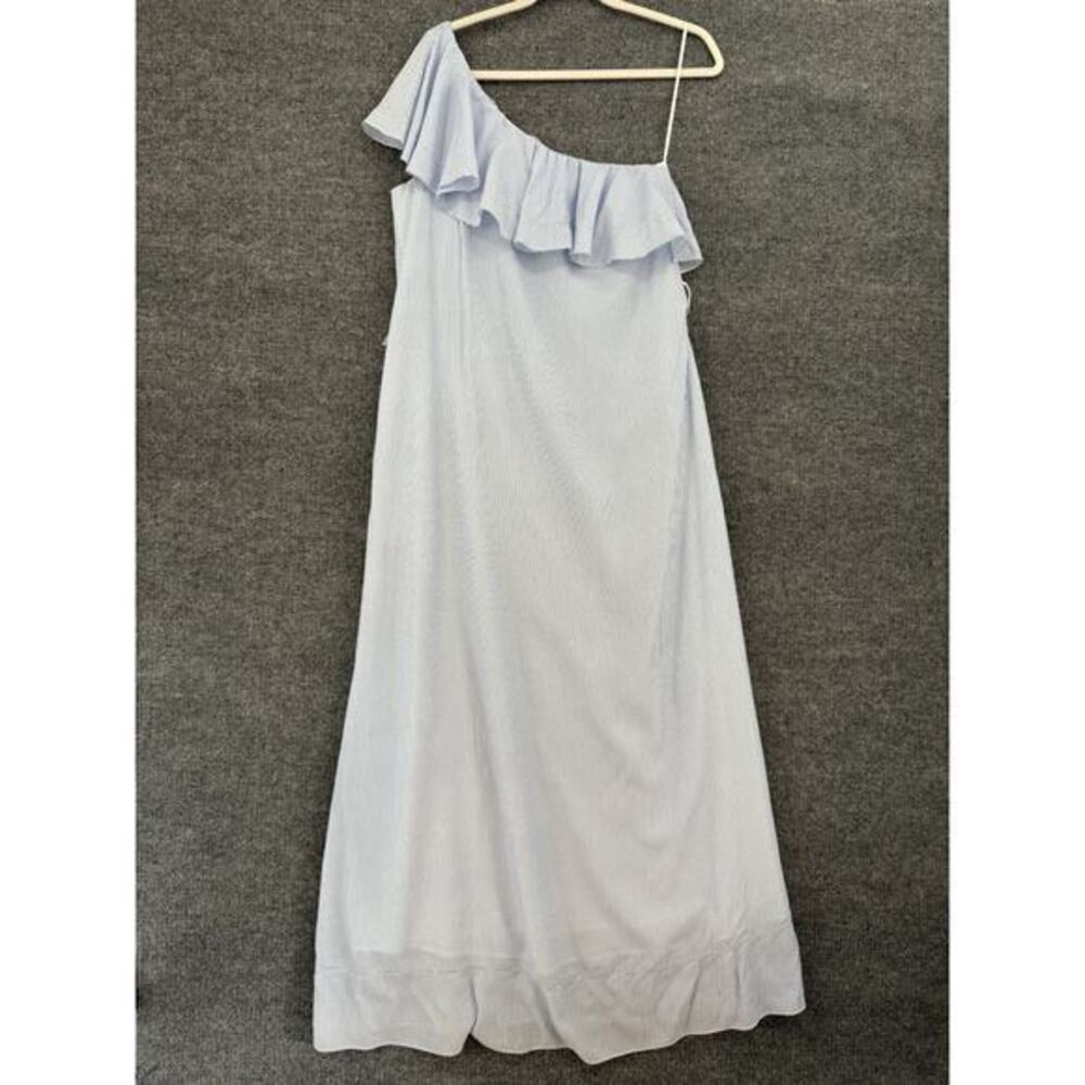 Banana Republic One Shoulder Maxi Dress Womens Medium Blue White Striped Ruffle